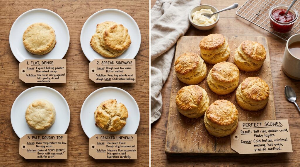 A comparison flat-lay showing common scone problems