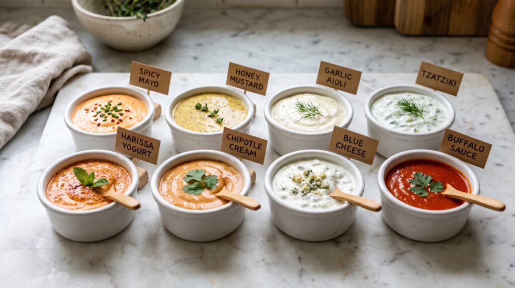 Eight small white ceramic ramekins arranged on a white marble surface, each containing a different chicken sandwich sauce