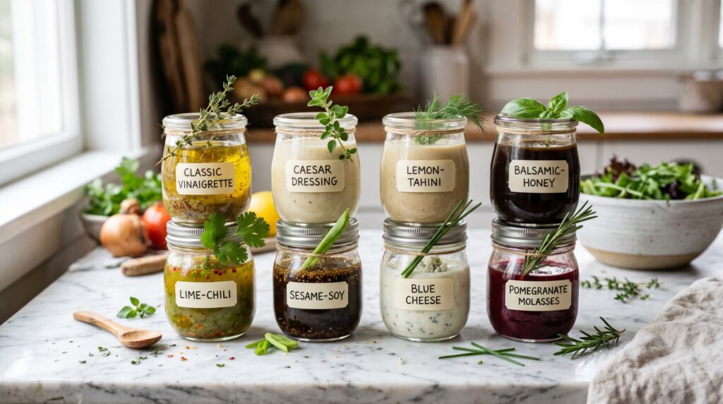 Eight small glass jars on a white marble surface, each containing a different homemade salad dressing