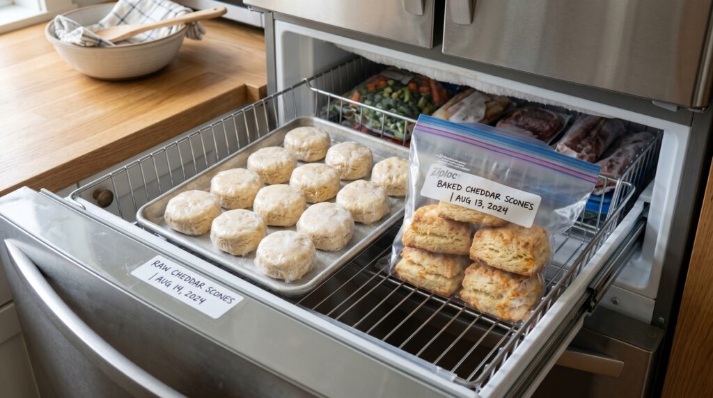 An organized freezer drawer showing individually wrapped unbaked scone rounds