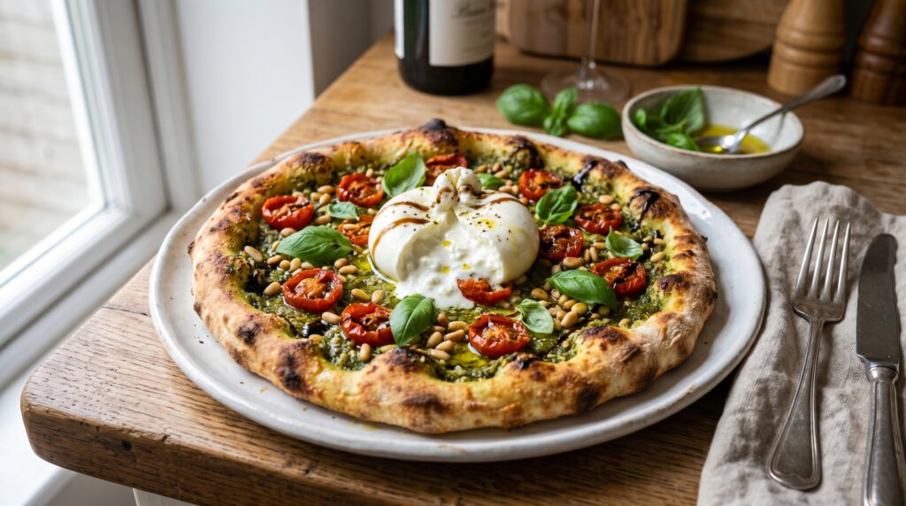 Pesto, Cherry Tomato, and Burrata Pizza