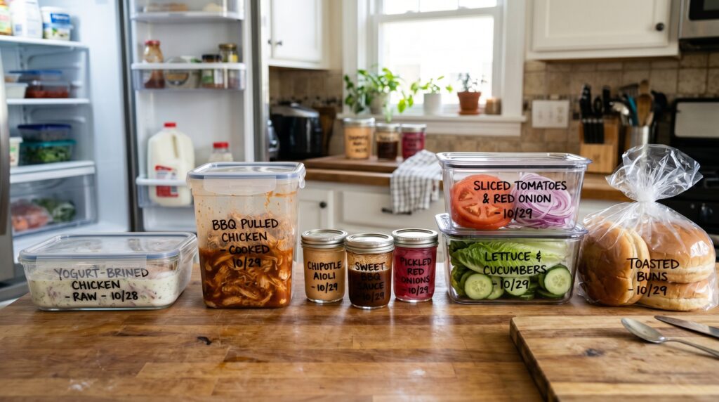 An organized meal prep scene for chicken sandwiches