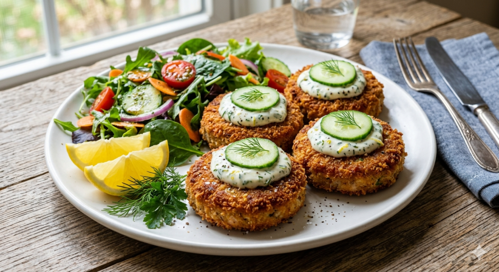 Four golden-brown crispy tuna patties on a white plate