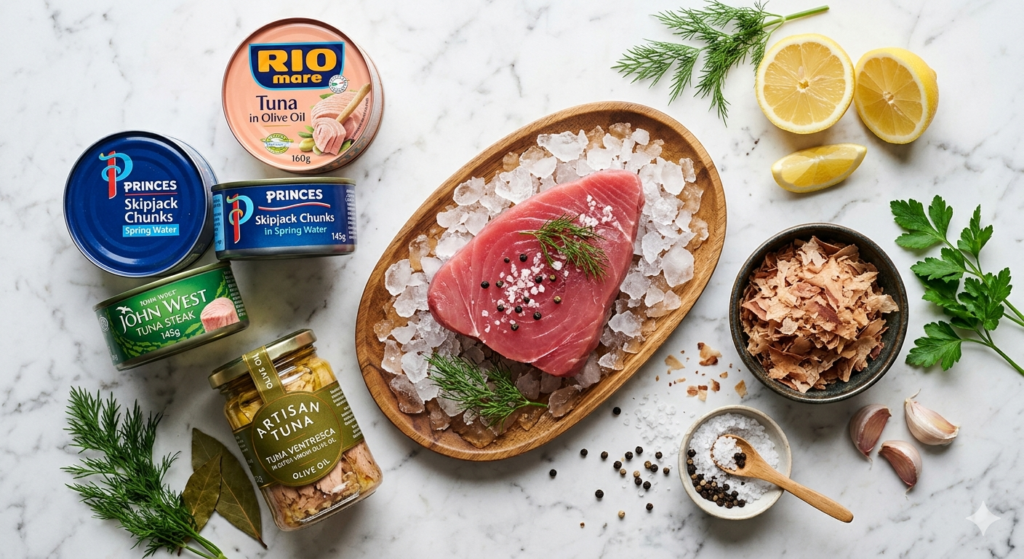 A flat-lay showing different forms of tuna available