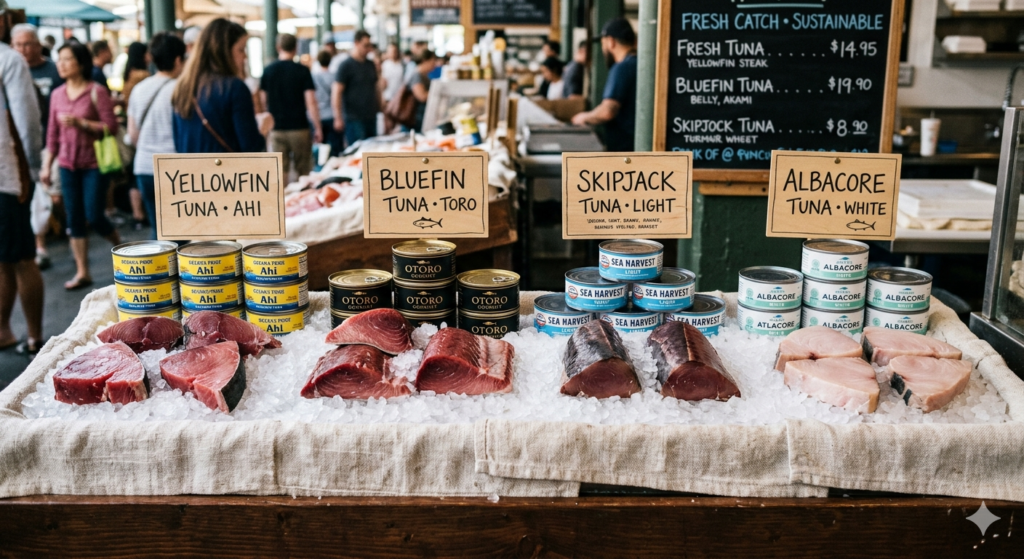 A market-style display showing four different tuna varieties labeled with small cards
