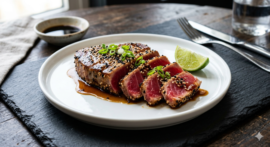 A beautifully seared ahi tuna steak on a white plate