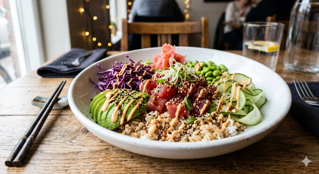 A vibrant, colorful tuna poke bowl in a wide white bowl 