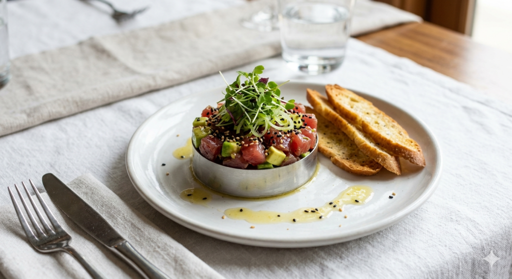 An elegant tuna tartare plated in a neat round mold on a white plate