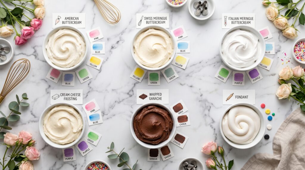 A beautifully organized flat-lay showing six different frosting types in separate bowls