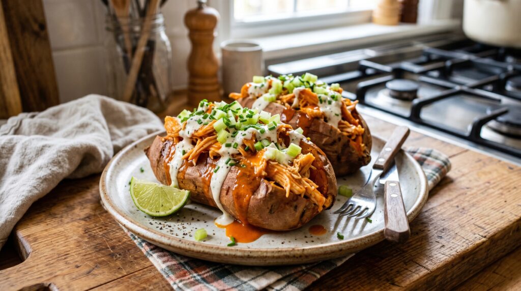 Buffalo Chicken Stuffed Sweet Potatoes