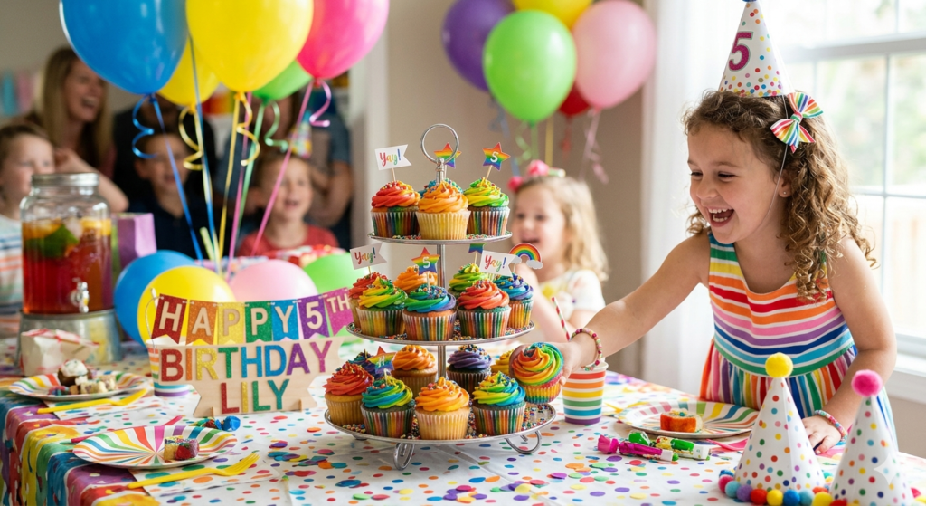A joyful scene of a child's birthday party table with a tiered cupcake stand holding beautifully decorated cupcakes in rainbow colors