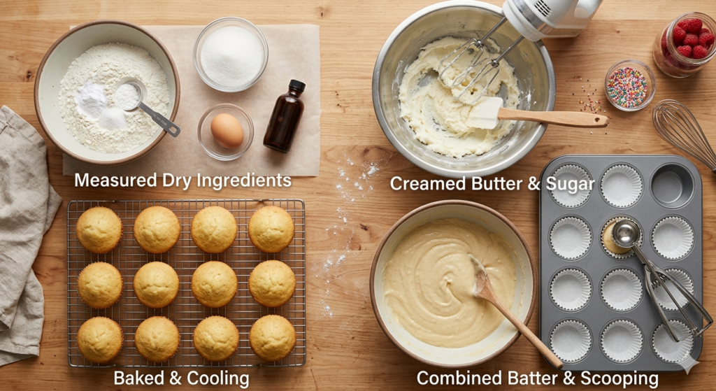 A clean bakery-style flat-lay showing the stages of making perfect cupcake batter