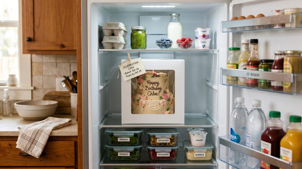 An open refrigerator showing a beautifully decorated celebration cake stored correctly in a large cake box on the center shelf