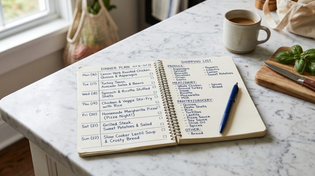 A beautifully organized weekly dinner planner displayed on a white marble surface, a simple handwritten or printed weekly plan showing 7 dinners assigned from the collection — Monday through Sunday