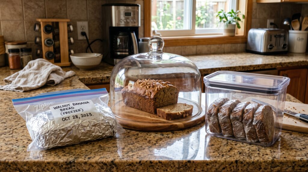 An organized kitchen counter showing three banana bread storage options