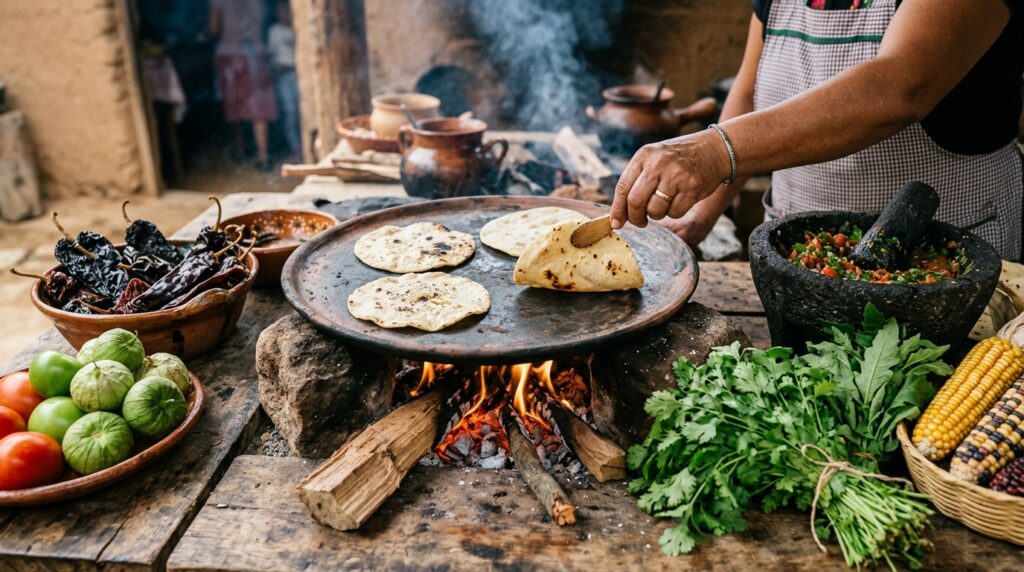 A traditional Mexican comal on an open flame with corn tortillas cooking directly on the surface