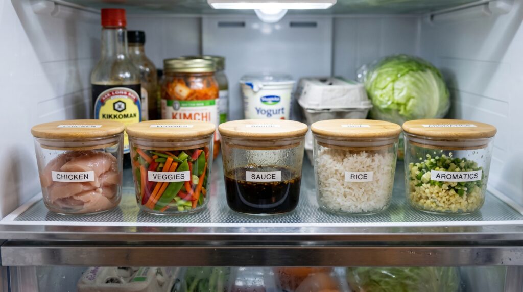 Five small glass prep containers in a row on a refrigerator shelf