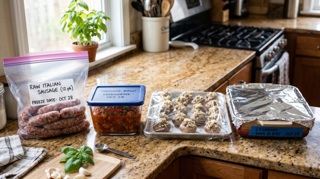 An organized kitchen counter showing Italian sausage storage and make-ahead options