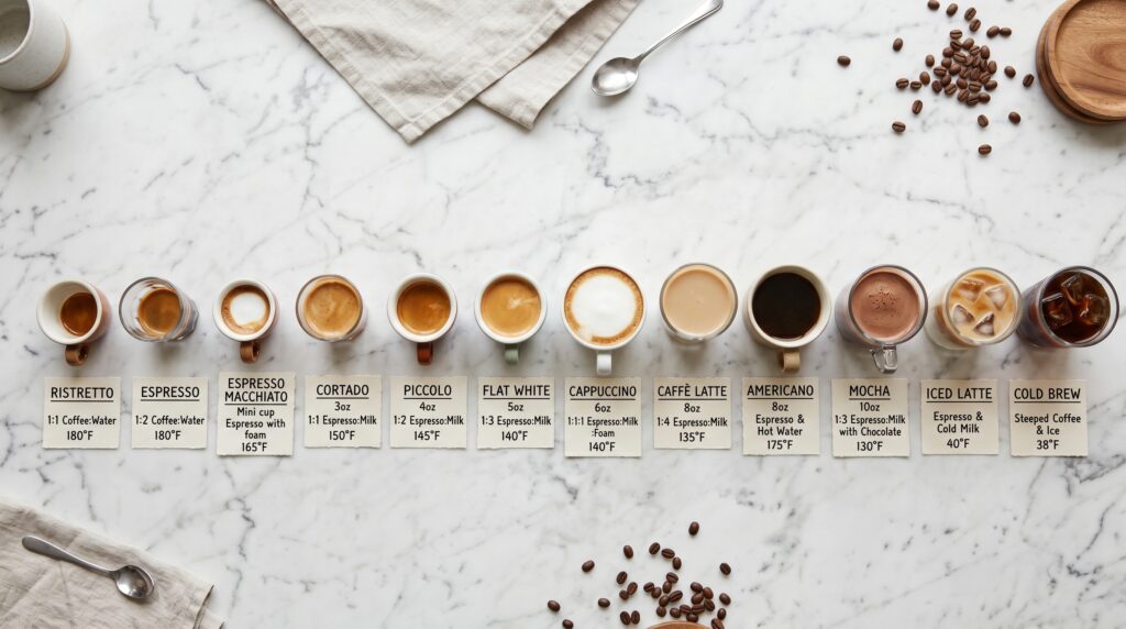 A beautifully designed reference flat-lay on a white marble surface showing twelve small cups, each containing a different coffee drink