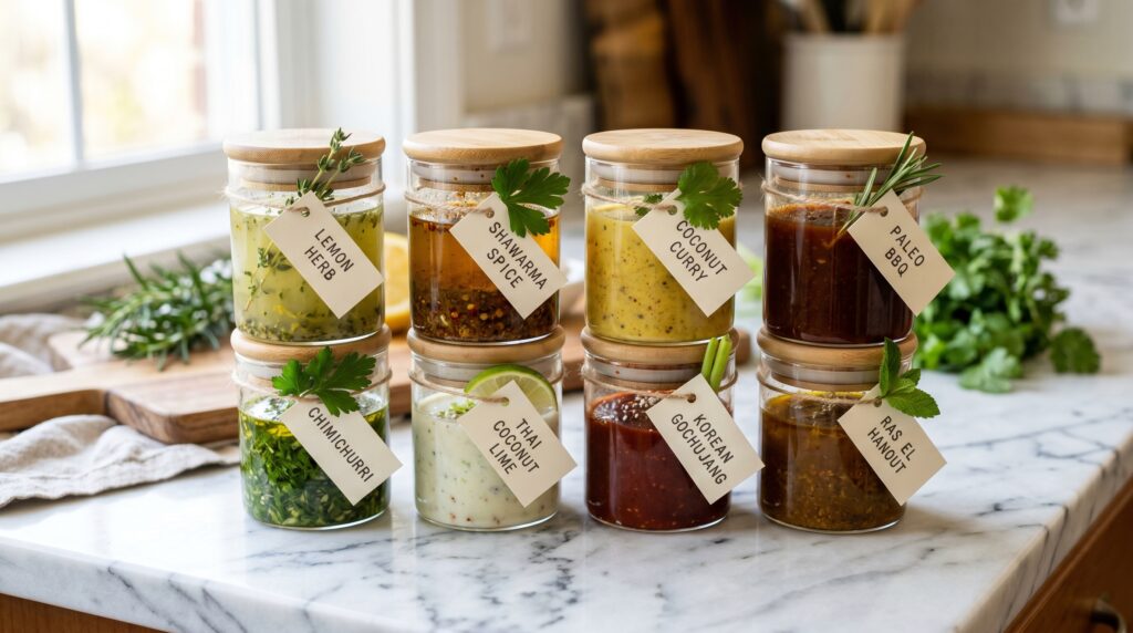 Eight small glass jars on a white marble surface, each containing a different paleo chicken sauce or marinade