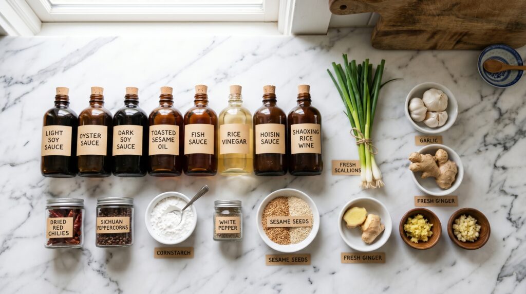 A beautifully organized stir fry pantry flat-lay on a white marble surface