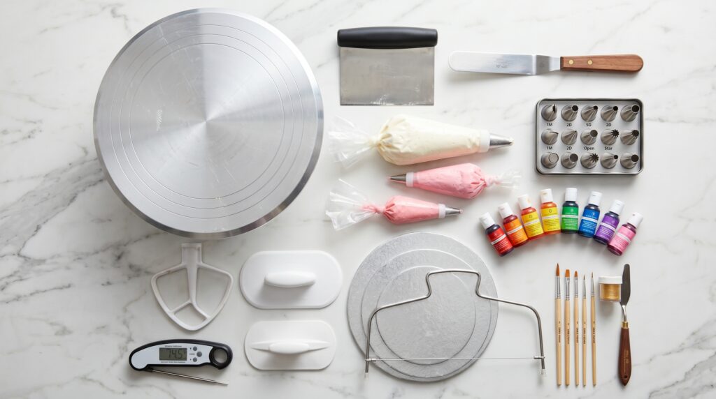 A beautifully organized flat-lay of essential cake decorating tools on white marble