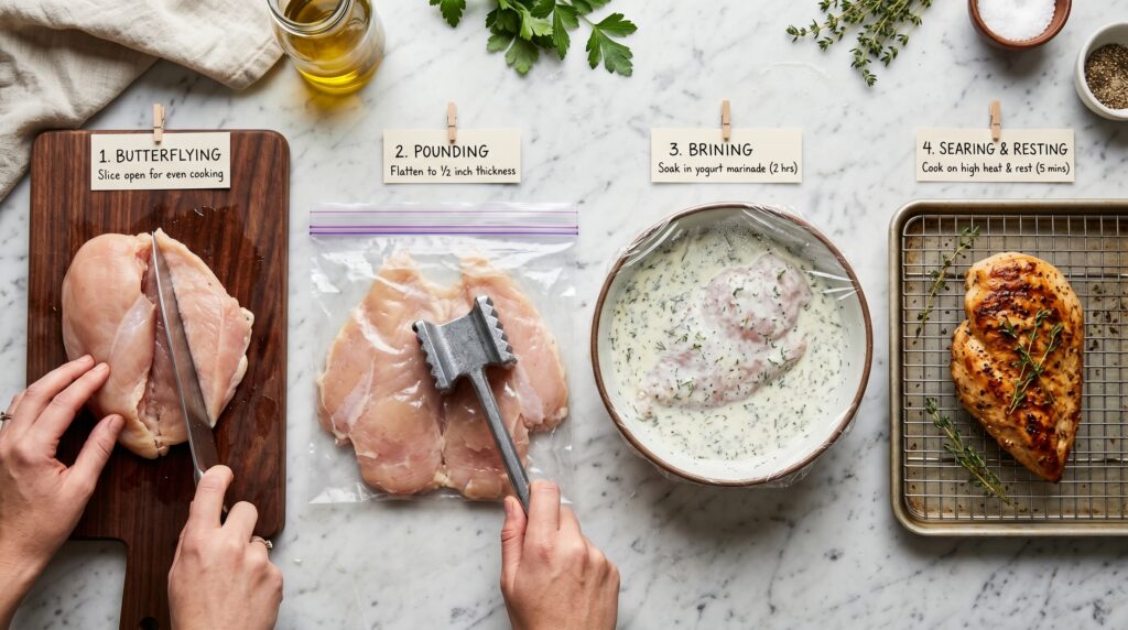 A step-by-step flat-lay showing the key stages of preparing a perfect chicken breast for sandwiches