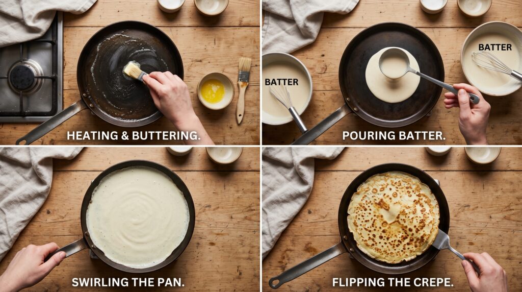 A four-panel technique flat-lay showing the key stages of cooking a perfect crepe