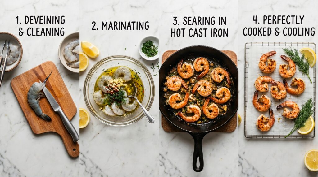A step-by-step flat-lay showing perfect shrimp preparation for salads
