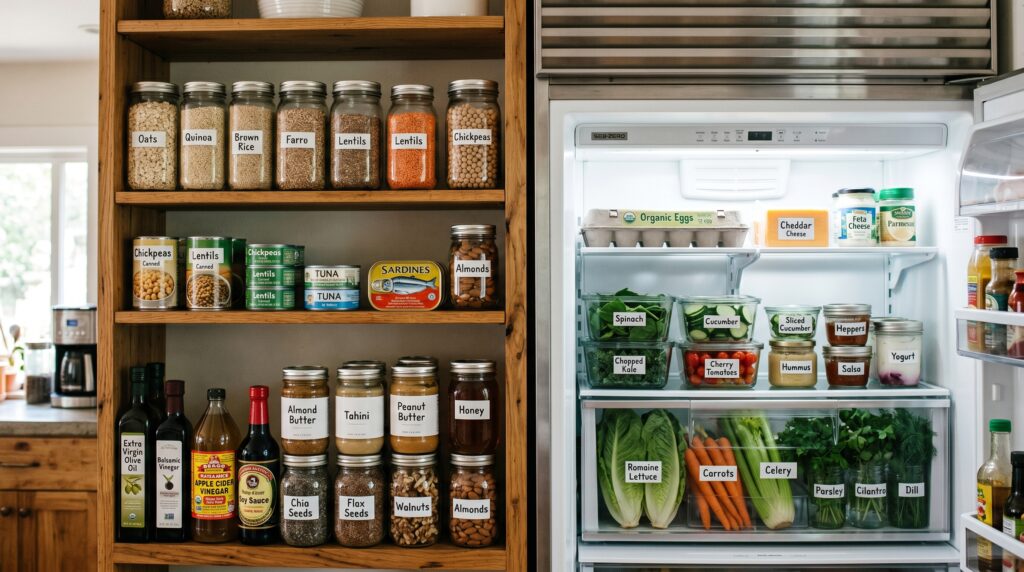 A beautifully organized open pantry and refrigerator combination showing the essential quick lunch ingredients