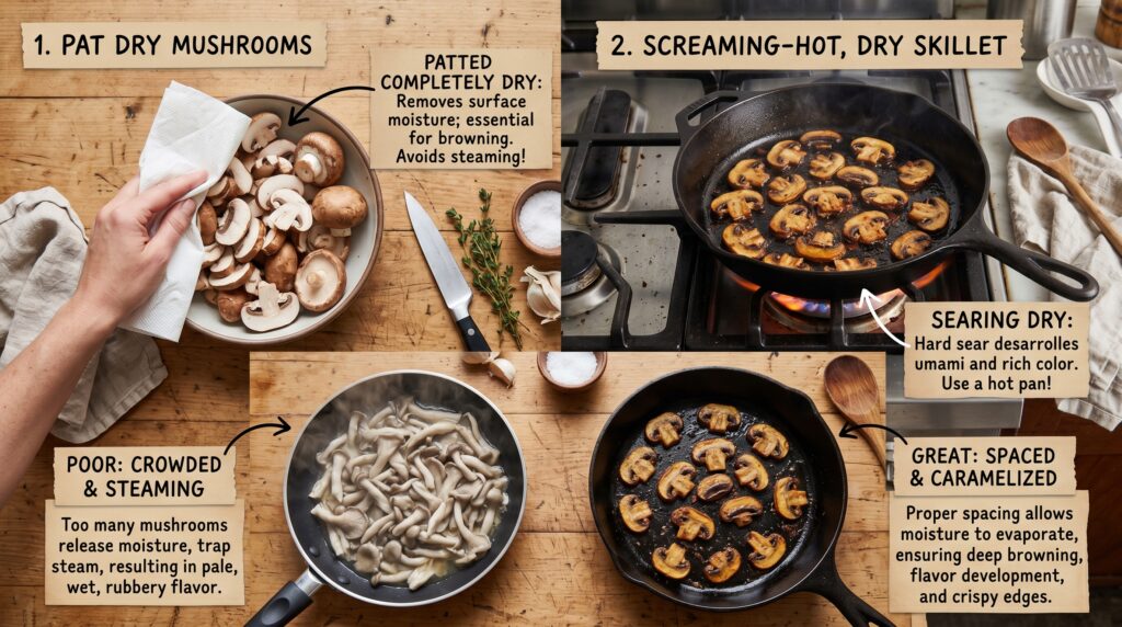A technique flat-lay showing the key principles of great mushroom cooking
