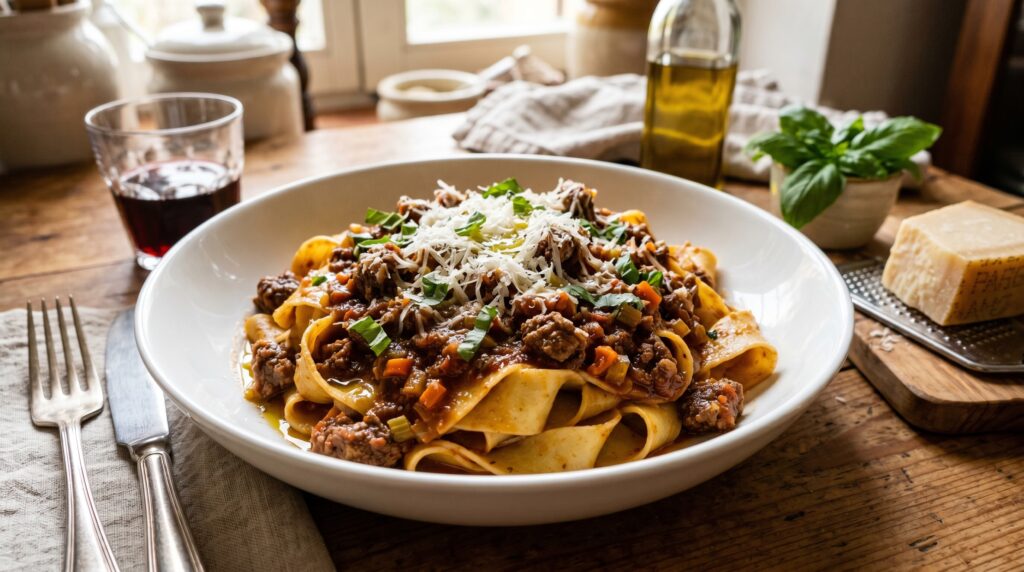 A magnificent classic beef Bolognese served over wide pappardelle in a wide white bowl