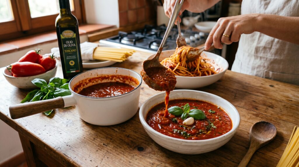 A beautiful, deeply colored classic marinara sauce in a small white saucepan and ladled into a white ceramic bowl