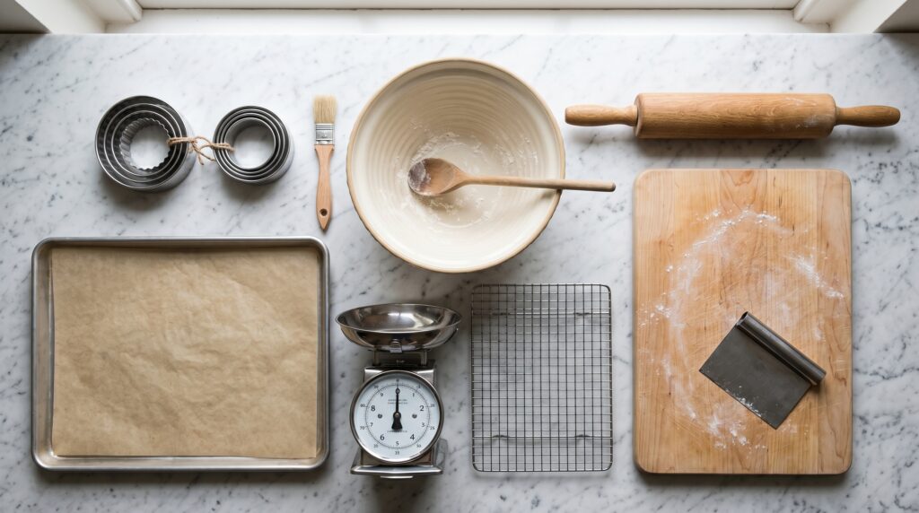 A neat flat-lay of essential scone baking equipment on a white marble surface