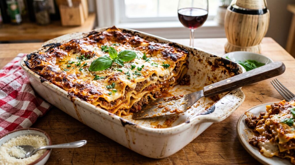 A spectacular classic lasagna in a deep white ceramic baking dish