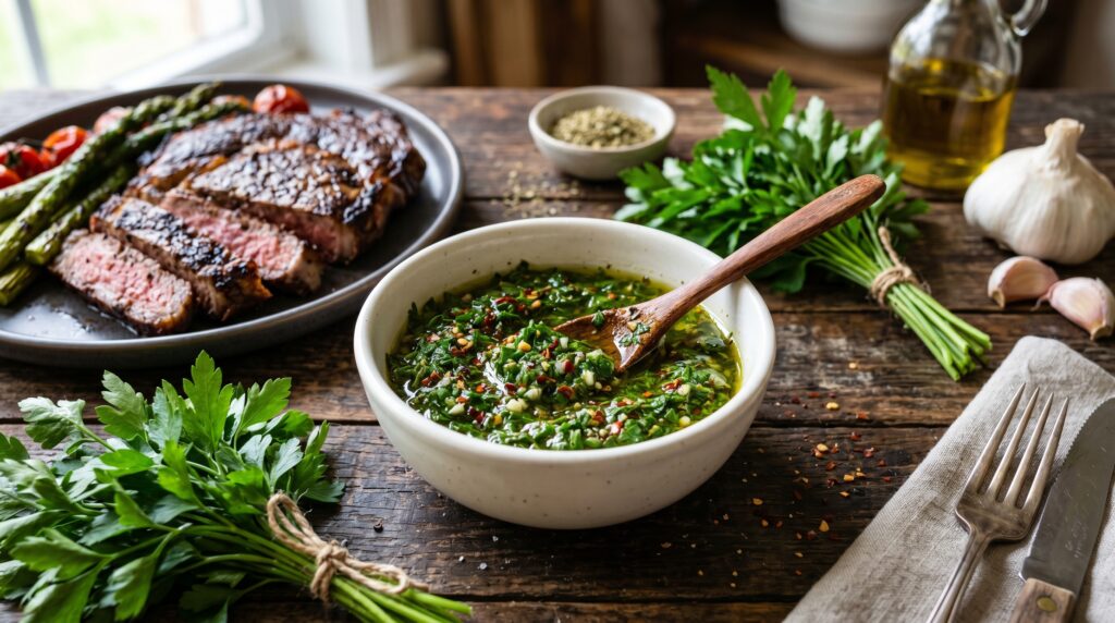 A vibrant, vivid green Argentine chimichurri in a small white bowl