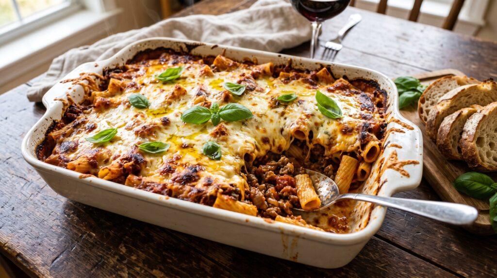 A bubbling, golden baked rigatoni with beef ragù in a large white ceramic baking dish