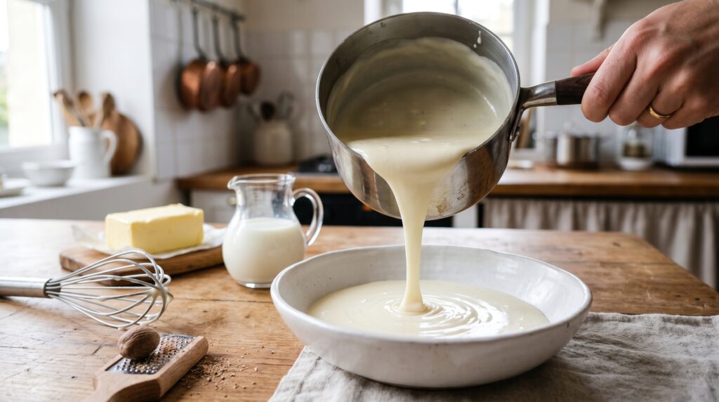 A silky, smooth béchamel sauce being poured from a small saucepan into a white ceramic bowl