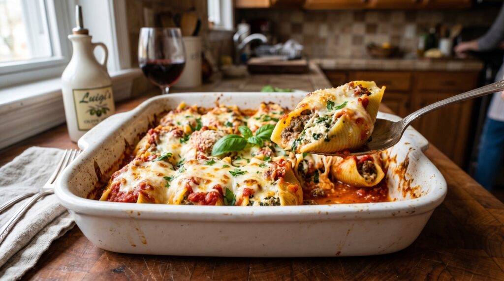 Beautiful large pasta shells stuffed with beef and ricotta in a white baking dish
