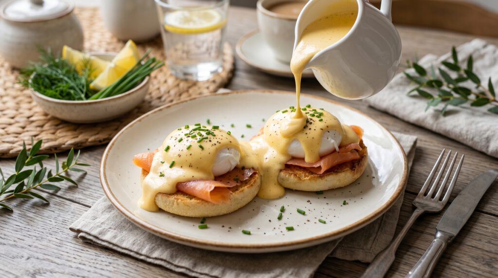 A perfect, glossy hollandaise sauce in a small white ceramic pitcher and drizzled over two poached eggs on toasted English muffins with smoked salmon