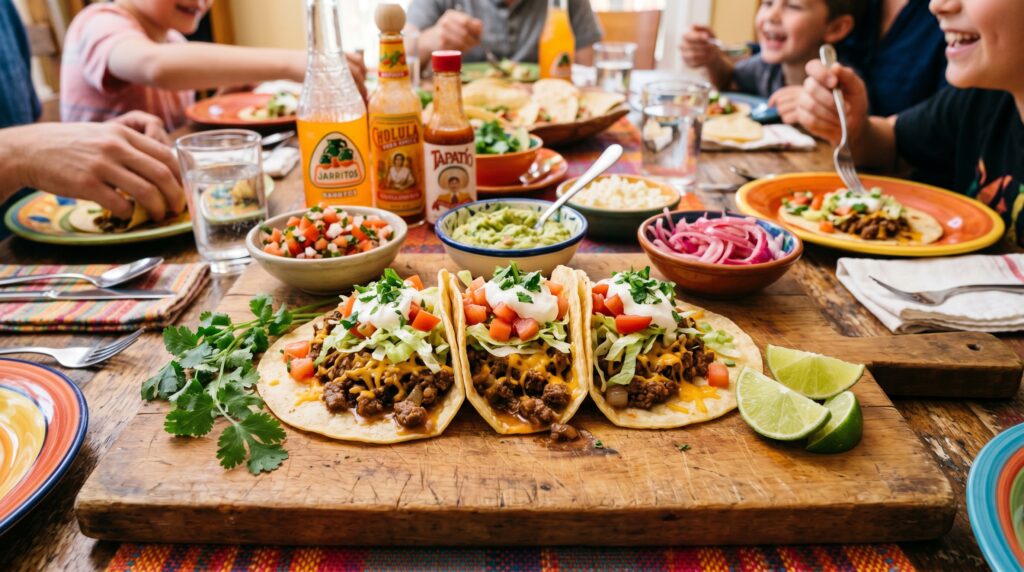 A festive, colorful beef taco spread on a wooden board