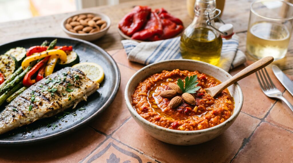A vibrant, deep orange-red romesco sauce in a small white bowl