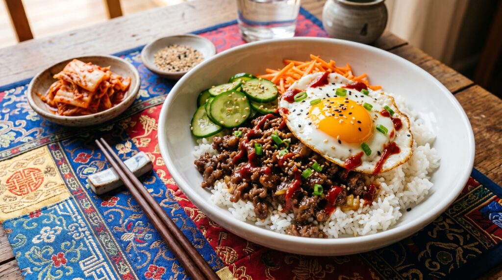 A bold, vibrant Korean ground beef bulgogi bowl in a wide white bowl over steamed jasmine rice