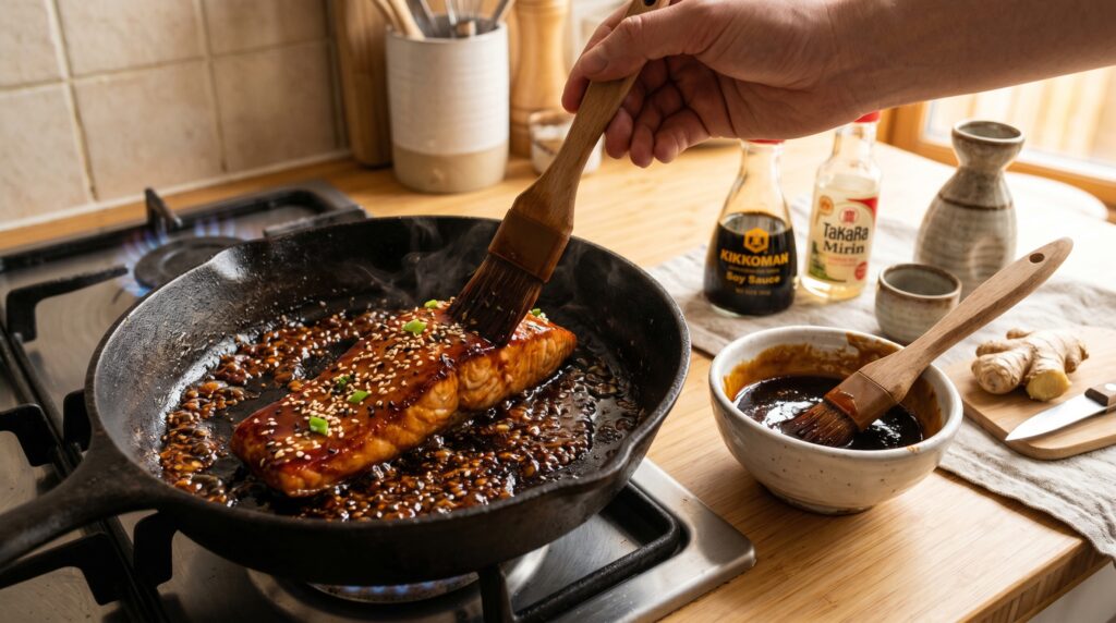 A glossy, deep mahogany teriyaki glaze in a small white bowl and being brushed over a salmon fillet or chicken thigh in a pan