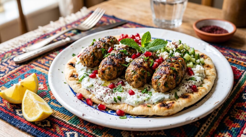Beautiful, golden beef kofta on a white plate