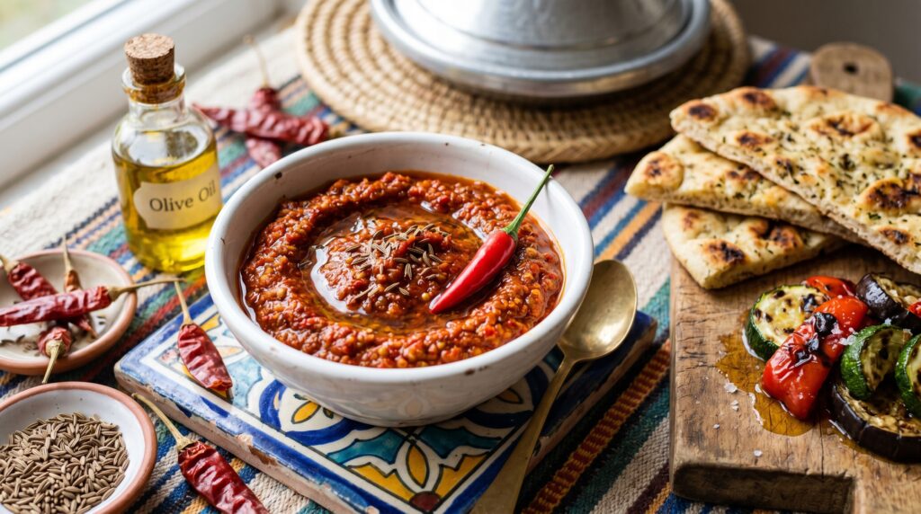 A vibrant, deep red-orange harissa paste in a small white ceramic bowl