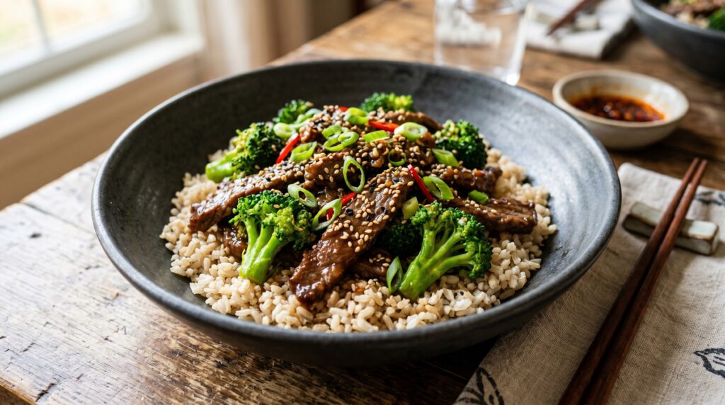 A bold, vibrant lean beef and broccoli stir fry in a wide dark bowl over brown rice