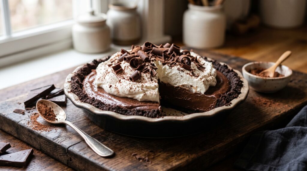 A spectacular chocolate cream pie in a dark chocolate cookie crust