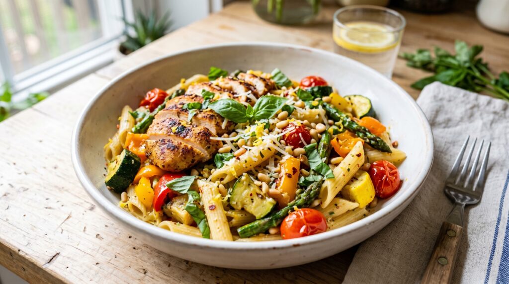 A colorful, vibrant Cajun chicken pasta primavera in a wide white bowl