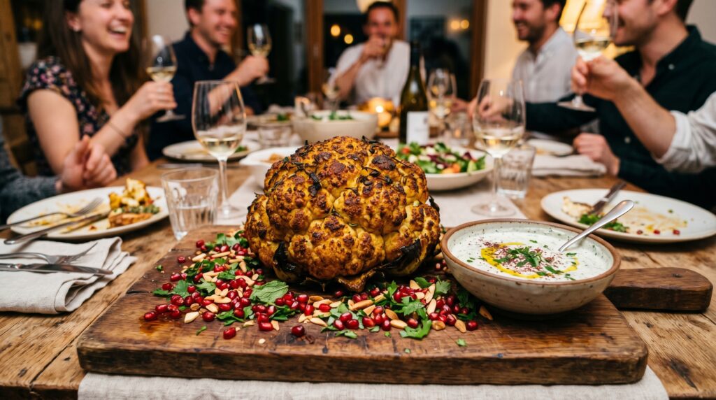A spectacular whole roasted cauliflower on a wooden serving board